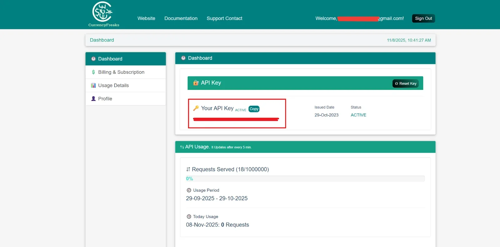Api Key Value assigned to user after sign up in currencyfreaks