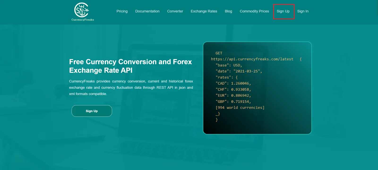 Sign up button in the menu of currencyfreaks website