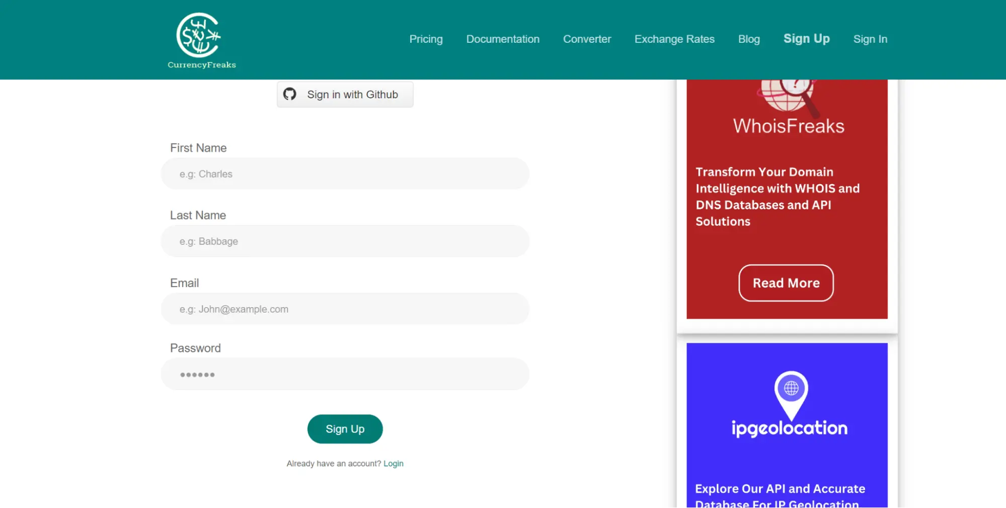 Sign up page of currencyfreaks website