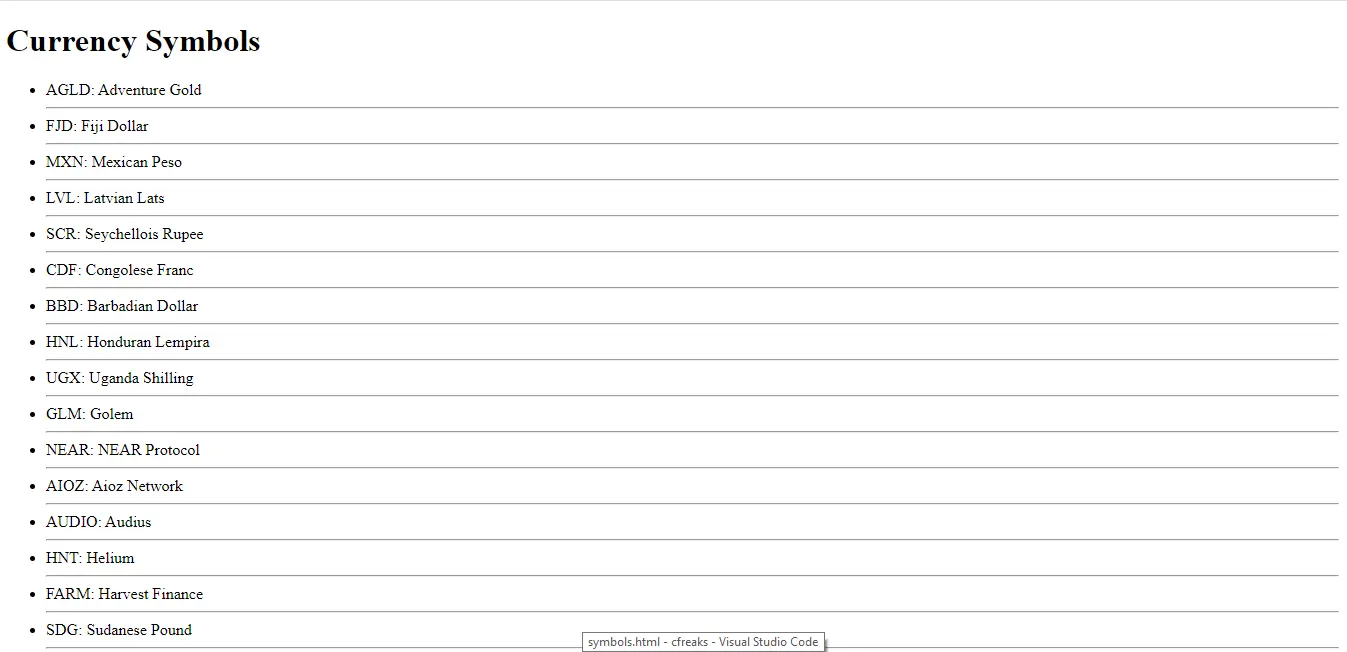 Output of currency symbols endpoint of currency freaks api