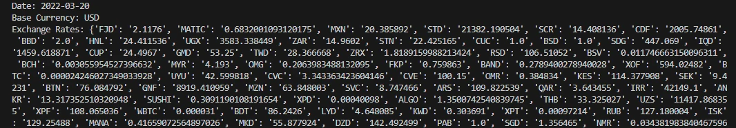 Output of historical rates endpoint of currency freaks api in python