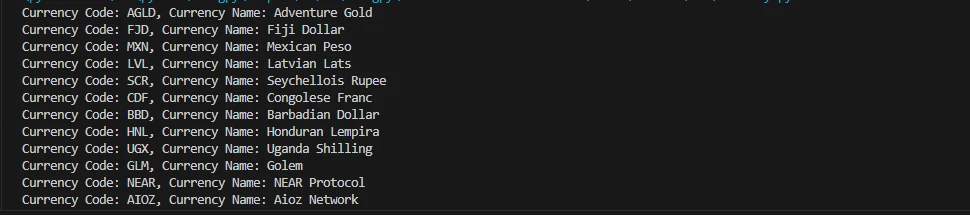 Output of supported currencies endpoint of currency freaks api in python