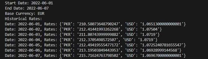 Output of timeseries endpoint of currency freaks api in python